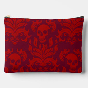 Pochette À Accessoires Crâne flamme Damas en moody rouge sur rouge
