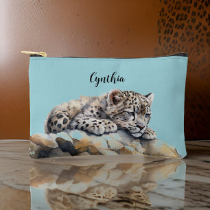 Pochette À Accessoires Cube Léopard De Neige Et Monogramme Ciel Bleu Clai