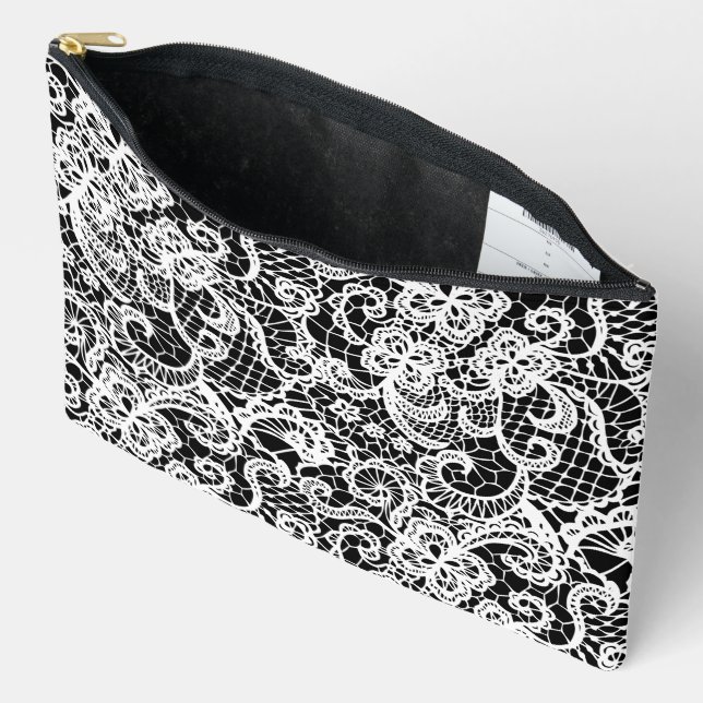 Pochette À Accessoires Dentelle blanche en noir (Ouvrir)