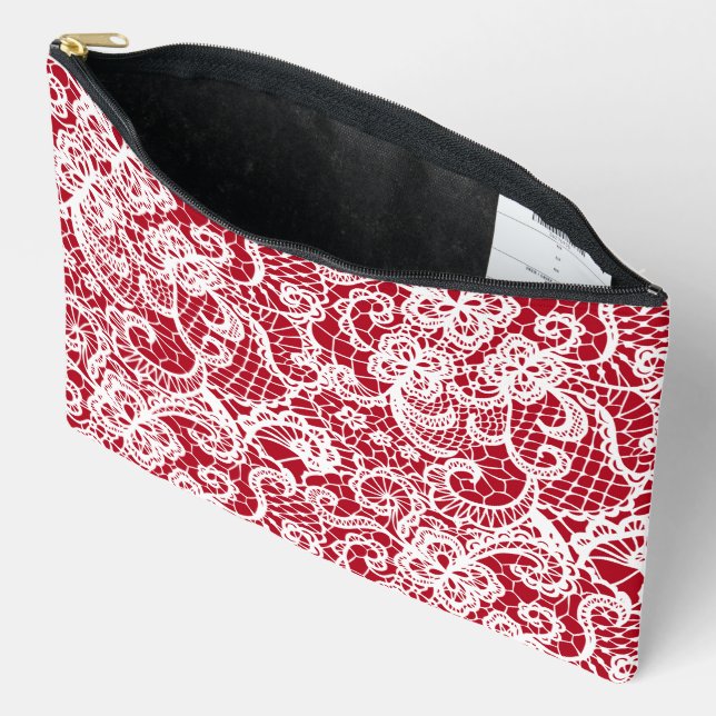 Pochette À Accessoires Dentelle blanche sur rouge (Ouvrir)