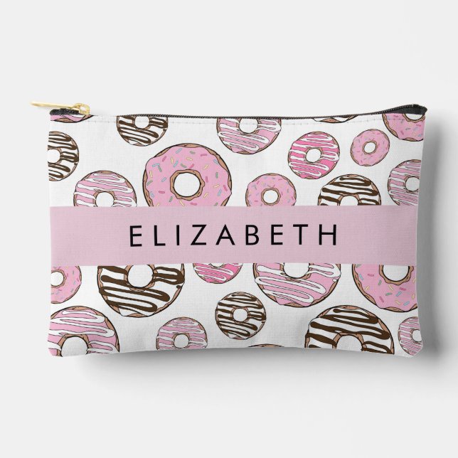 Pochette À Accessoires Donuts Roses, Donuts Blancs, Sprinkings, Votre Nom (Recto)