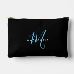 Pochette À Accessoires Élégant Black Sky Blue Script Monogramme moderne
