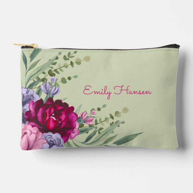 Pochette À Accessoires Élégant Floral Nom personnalisé Script Bridesmaid (Recto)