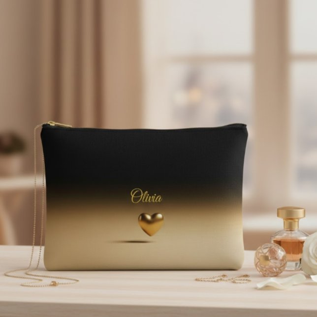 Pochette À Accessoires Elegant Gold Heart & Black Gradient Personalized A (Créateur téléchargé)