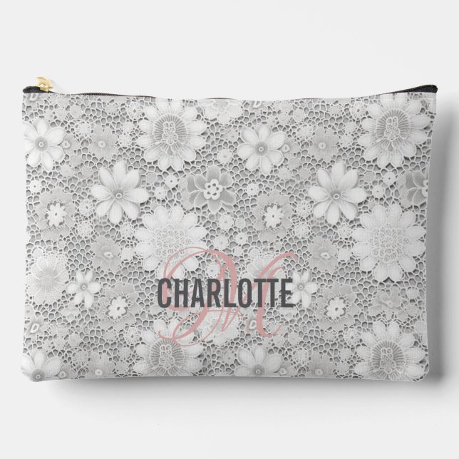 Pochette À Accessoires Élégant motif de dentelle fleurie blanche nom mono (Recto)