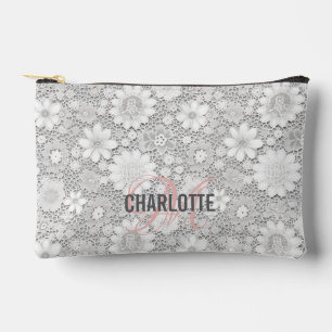 Pochette À Accessoires Élégant motif de dentelle fleurie blanche nom mono