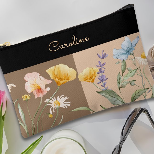Pochette À Accessoires Elégant noir floral printemps beige brun tendance (Créateur téléchargé)
