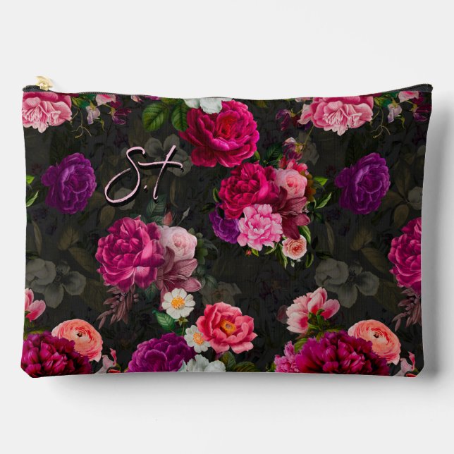 Pochette À Accessoires Élégant rose fleurs noir monogramme (Recto)