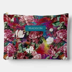 Pochette À Accessoires Élégant rose fleurs rouge motif monogramme