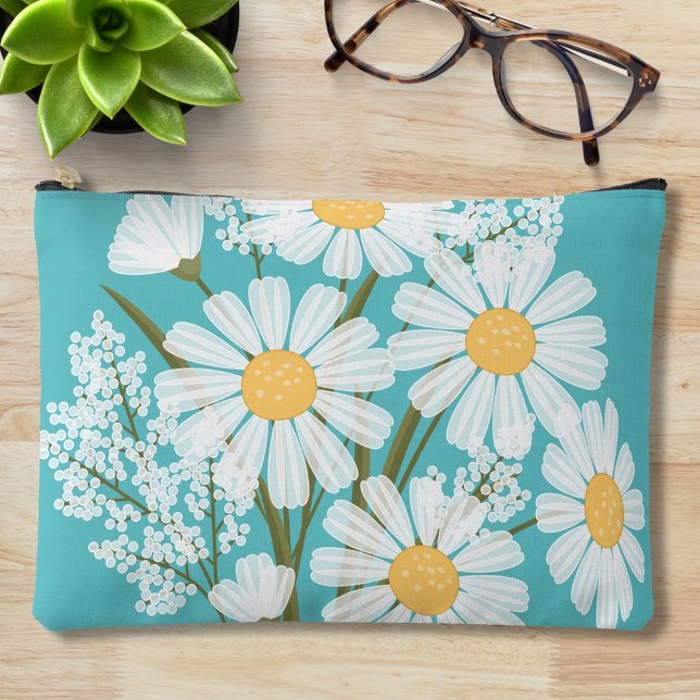 Pochette À Accessoires Elégante marguerite florale blanche sur Turquoise (Créateur téléchargé)