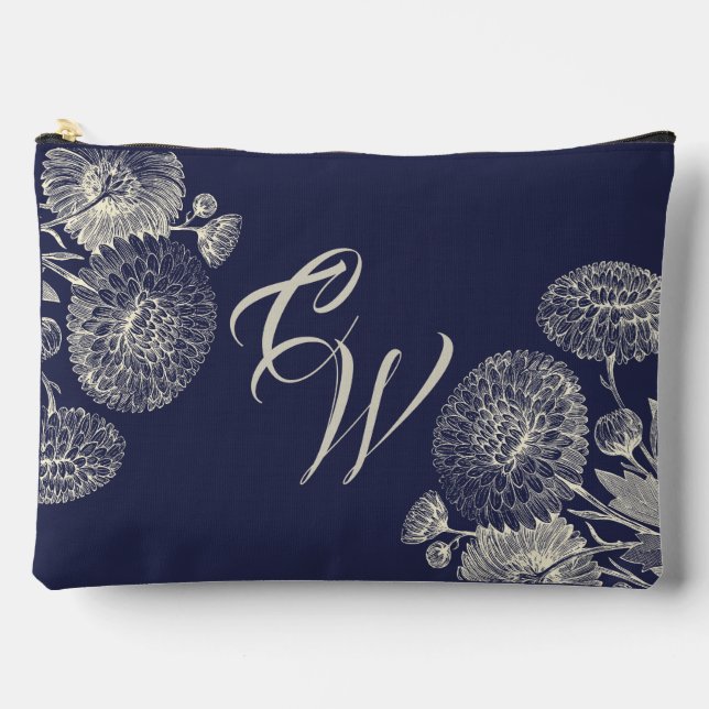 Pochette À Accessoires Élégante Marine Blue Ivory Floral Mum's Initials (Recto)