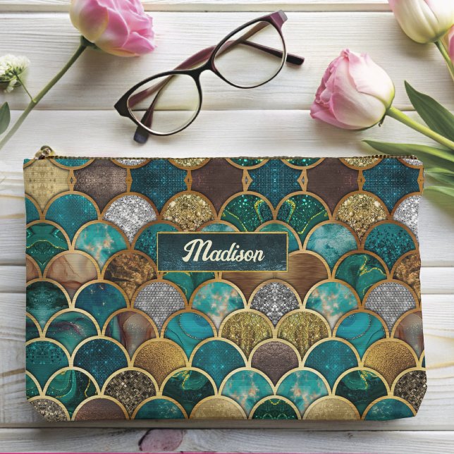 Pochette À Accessoires Élégantes écailles de sirène vert turquoise or (Créateur téléchargé)