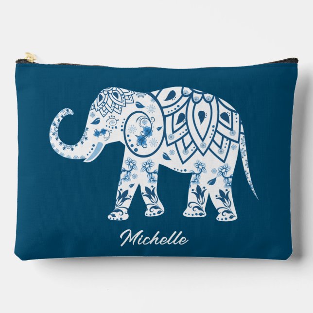 Pochette À Accessoires Eléphant bleu à motif orné Personnalisé (Recto)