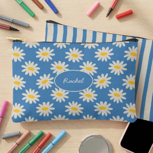 Pochette À Accessoires Étui à crayons Fleurs de Daisy Bleue & Rayures Rét