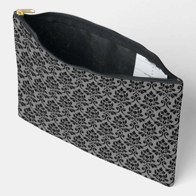 Pochette À Accessoires Feuille Damask Patte noir sur gris (Ouvrir)