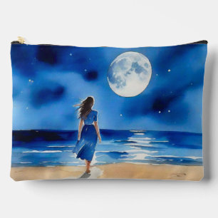 Pochette À Accessoires Fille sur la plage sous une Pleine lune