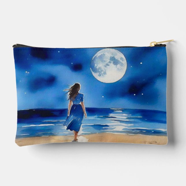 Pochette À Accessoires Fille sur la plage sous une Pleine lune (Verso)