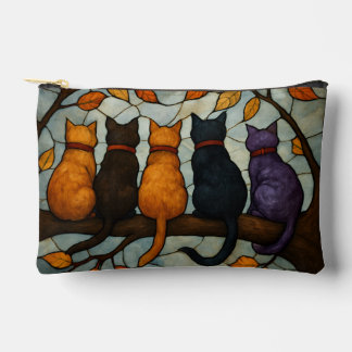 Pochette À Accessoires Five Cats on a Tree Branch Stained Glass Style