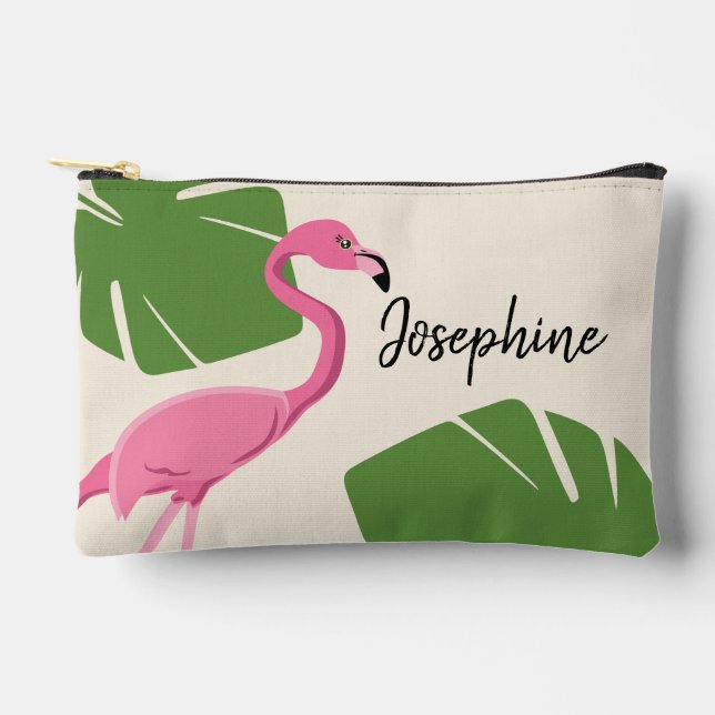 Pochette À Accessoires Flamant rose et feuilles Tropical personnalisé bac (Recto)