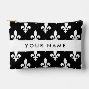 Pochette À Accessoires Fleur de Lis, Blanc sur Noir, Blanc, Votre Nom
