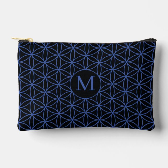 Pochette À Accessoires Fleur de vie Ptn (Personnalisé) - Bleu sur Noir (Recto)