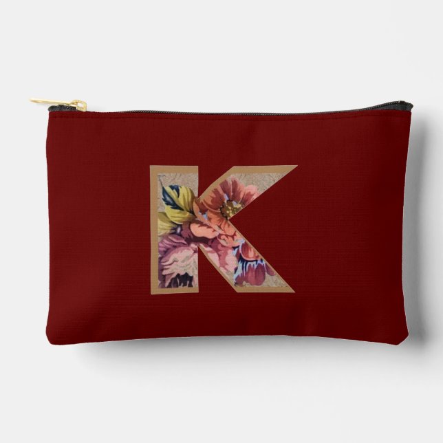 Pochette À Accessoires Fleur Rustique Initiale K Bourgogne (Recto)