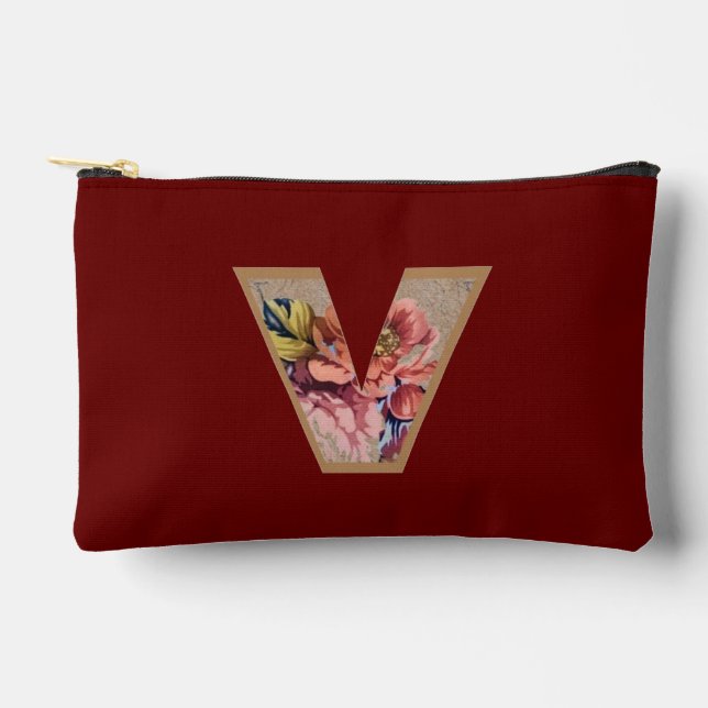 Pochette À Accessoires Fleur Rustique Initiale V Bourgogne (Recto)