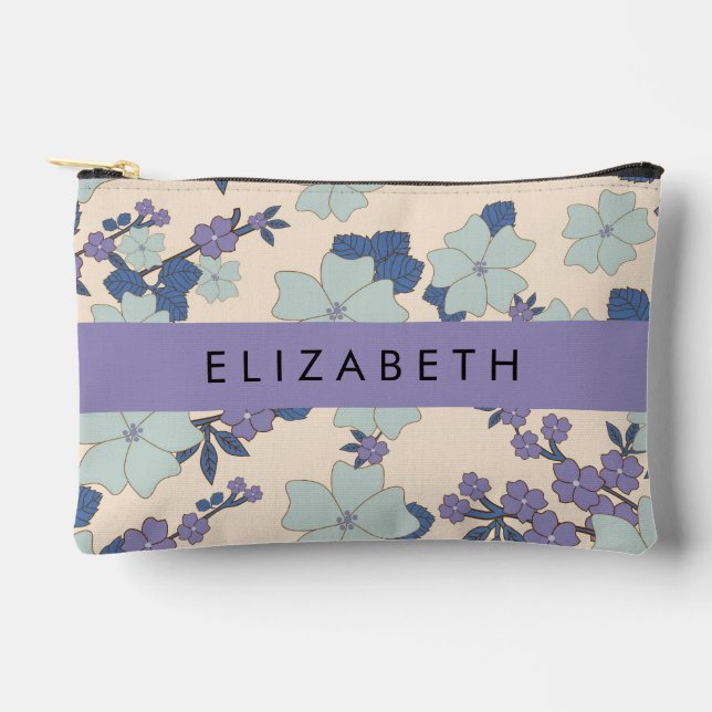 Pochette À Accessoires Fleurs Bleues, Fleurs Violettes, Floral, Votre Nom (Recto)