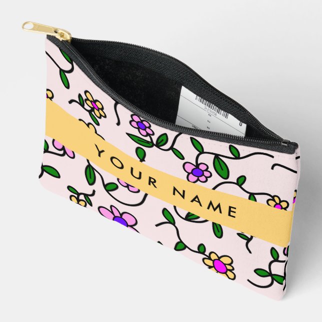 Pochette À Accessoires Fleurs Colorées, Fond Rose, Jaune (Ouvrir)