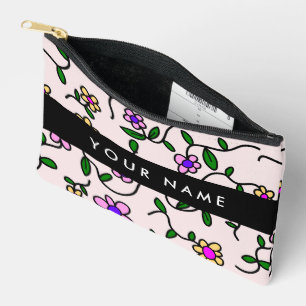 Pochette À Accessoires Fleurs Colorées, Fond Rose, Noir