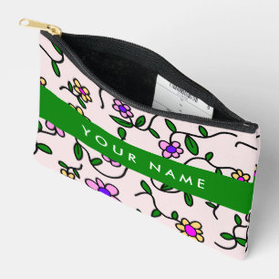 Pochette À Accessoires Fleurs Colorées, Fond Rose, Vert