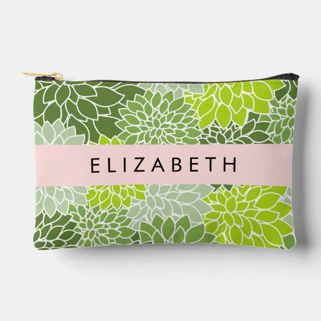 Pochette À Accessoires Fleurs Dahlia Vertes, Motif Floral, Votre Nom (Recto)