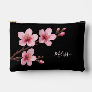 Pochette À Accessoires Fleurs de cerisier noir rose Votre nom