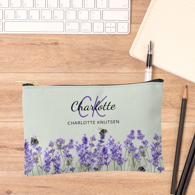 Pochette À Accessoires Fleurs de lavande sauge nom vert monogramme (Créateur téléchargé)