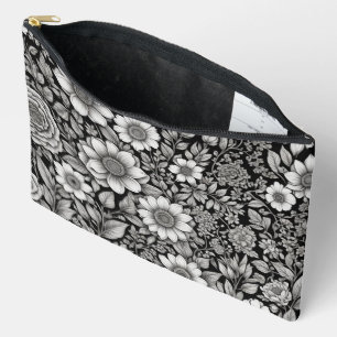 Pochette À Accessoires Fleurs et feuilles noirs et blancs
