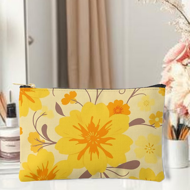 Pochette À Accessoires Fleurs florales-jaunes rétro (Retro Sunshine Floral-Yellow Flowers Accessory Pouch )