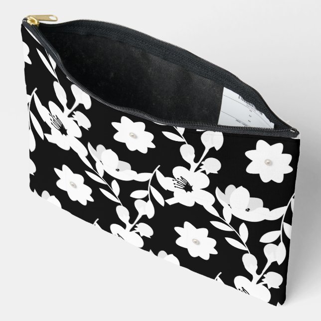Pochette À Accessoires Fleurs noires et blanches avec perles (Ouvrir)