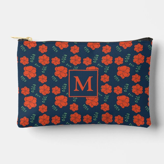 Pochette À Accessoires Fleurs rouges Motif Monogramme bleu foncé (Recto)