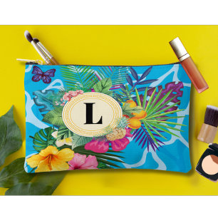 Pochette À Accessoires Fleurs Tropicales Hawaiiennes Et Papillons Monogra
