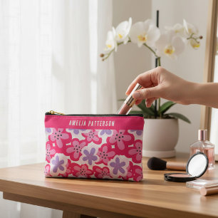 Pochette À Accessoires Floral rose tropical moderne Nom personnalisé
