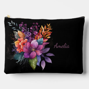 Pochette À Accessoires Florales élégantes et nom sur noir
