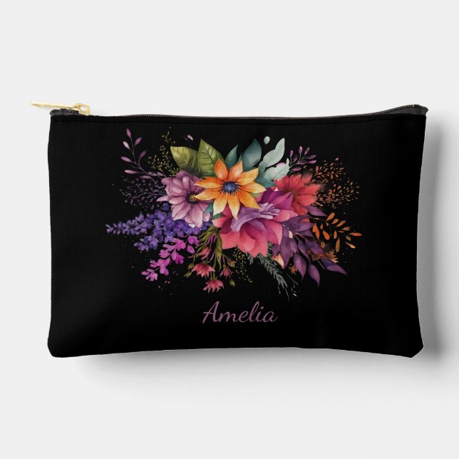 Pochette À Accessoires Florales élégantes sur noir (Recto)