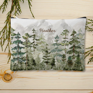 Pochette À Accessoires Forêt de pins verte sur une montagne à l'aquarelle