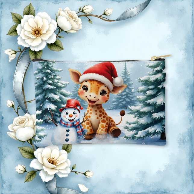 Pochette À Accessoires Girafe de caricature mignonne avec Santa Hat & Sno (Créateur téléchargé)