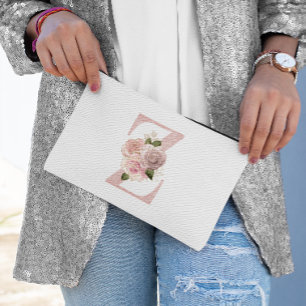Pochette À Accessoires Girly Rose Pâle Or Pailleté Floral Monogramme Z