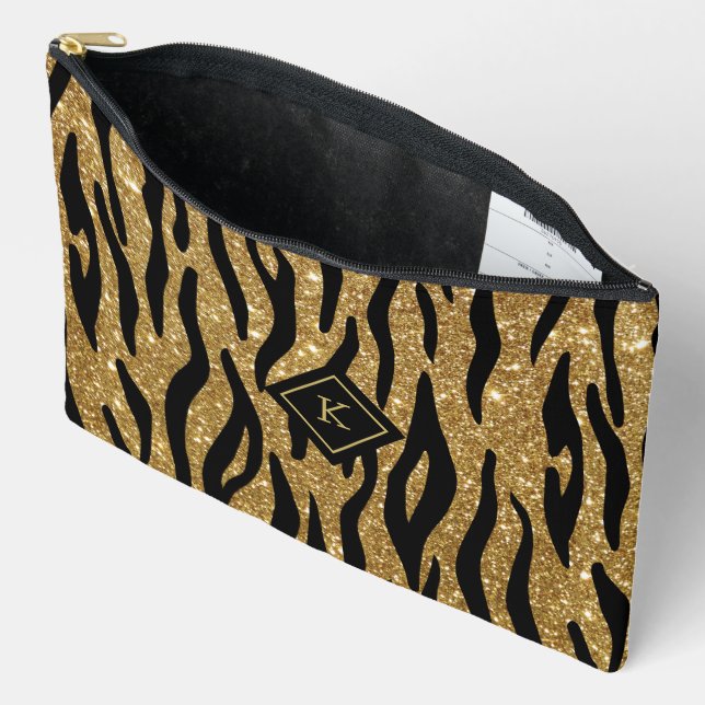 Pochette À Accessoires Glittery Gold, Motif Zèbre Noir Monogramme (Ouvrir)