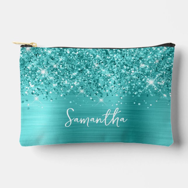 Pochette À Accessoires Glittery Turquoise Blue Glam Script Name (Recto)