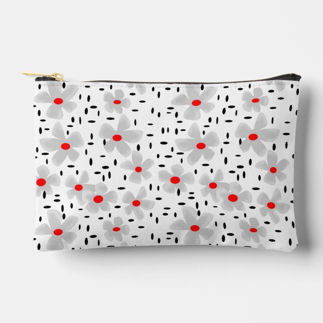 Pochette À Accessoires gris avec des fleurs rouges sur blanc rétro arrièr (Recto)