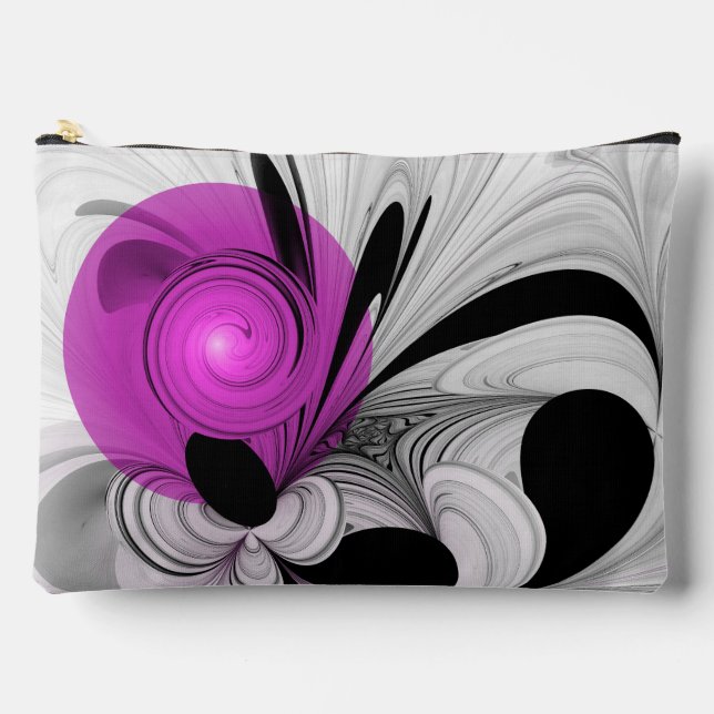 Pochette À Accessoires Gris Noir Abstrait Avec Art Fractal Magenta (Recto)