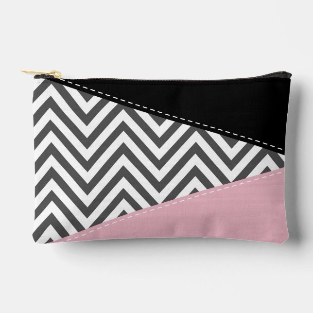 Pochette À Accessoires Gris Zigzag, Gris Chevron, Motif Zigzag, Rose (Recto)